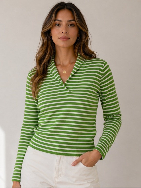 Talbots Tops - Talbots Petites Green & White Striped Shawl Collar Sweater Size LP